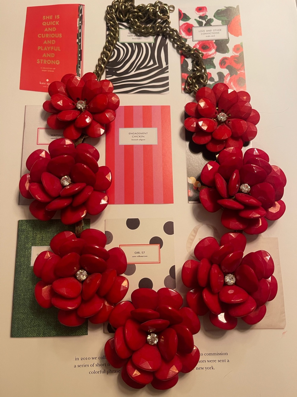 J. Crew Red Floral Cluster Statement Necklace with Rhinestone Accents